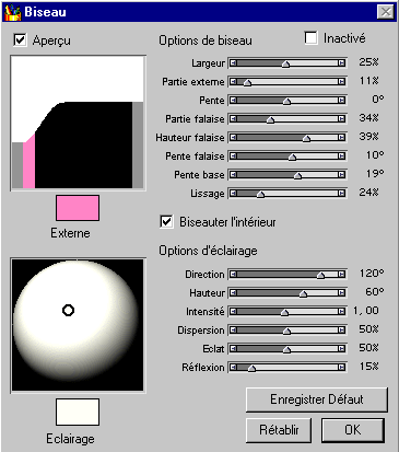 Fenêtre de paramètres de l’outil biseau